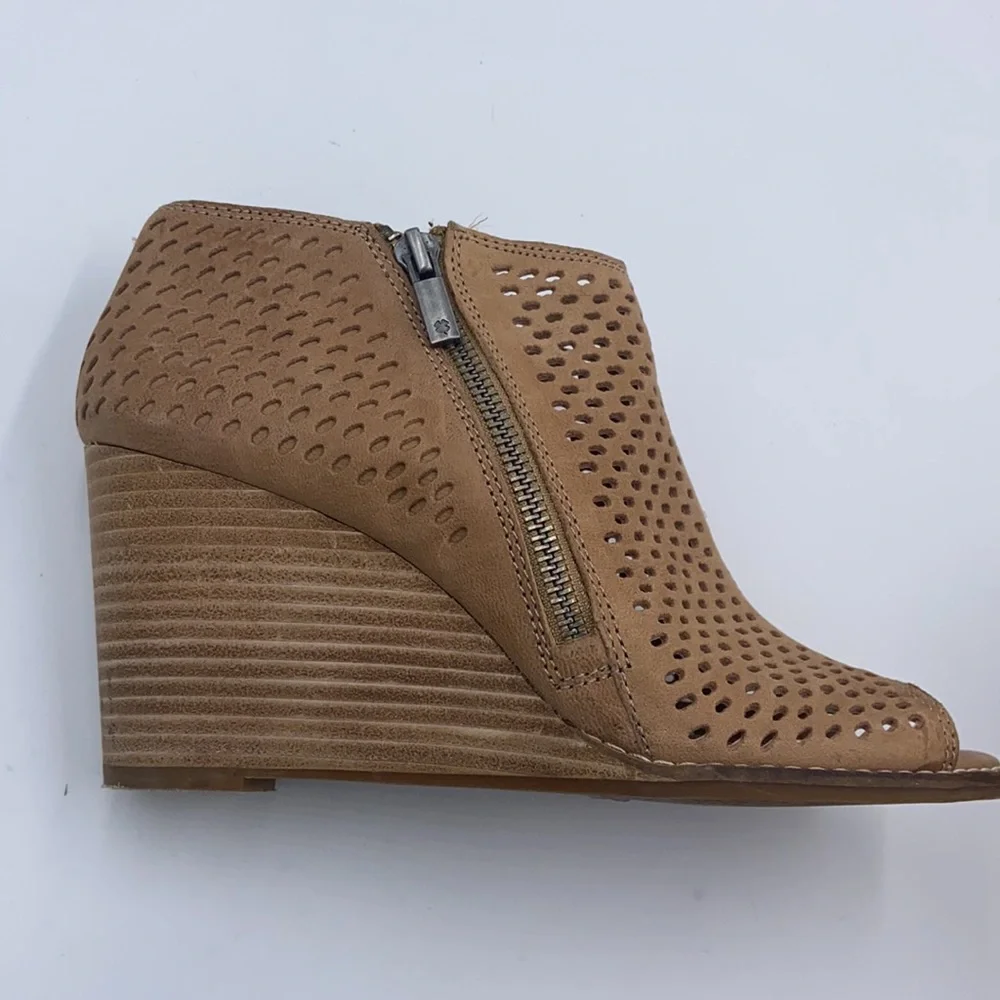 Lucky Brand Taupe Perforated Peep-Toe Wedge Booties